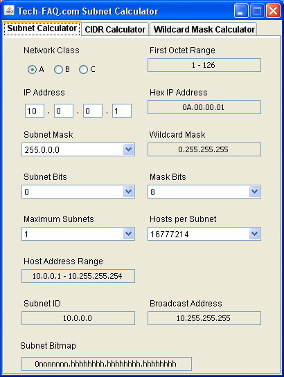 Click to view Tech-FAQ.com Subnet Calculator 1.0 screenshot