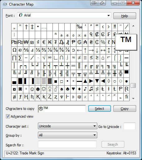 character map How to Make a Trademark (TM) Symbol?