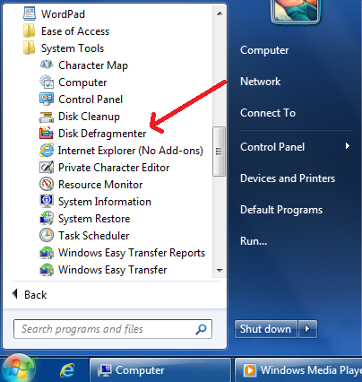 Disk Degragmenter tool in Windows Start Menu