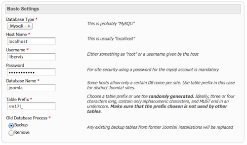 Joomla install database settings