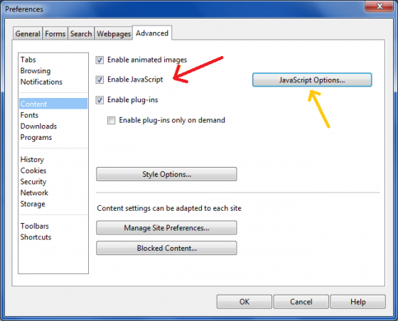 enable javascript in opera