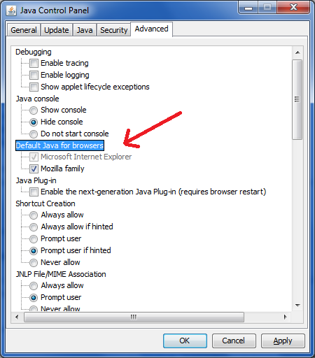 enable java in windows control panel