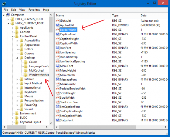 Set Windows border size - Registry