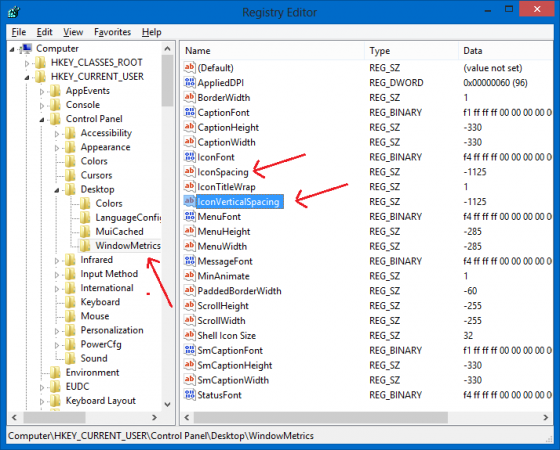 Set custom vertical and horizontal spacing for Desktop icons - Registry