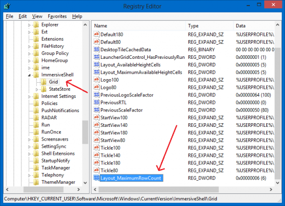 Set the maximum number of Tile rows on the Start screen - Registry