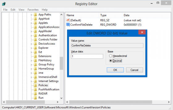 Enable file delete confirmation dialog - Registry