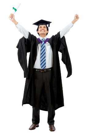 male graduate full of success with his arms up isolated over a white background